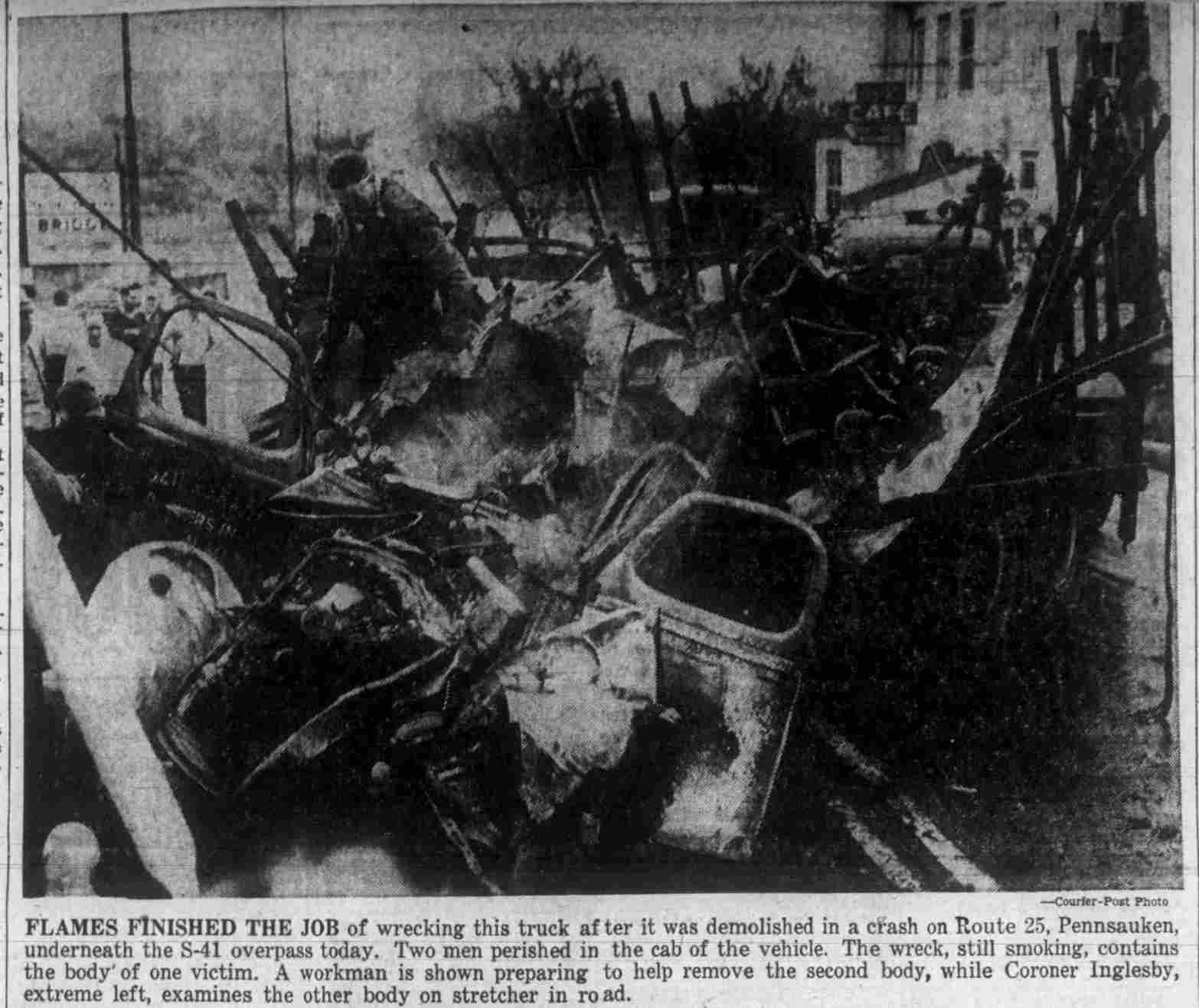 Flames finished the job — truck wreckage, Route 25, Pennsauken, September 16, 1949
