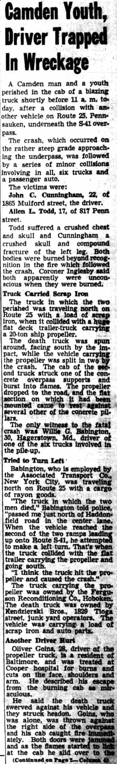 Camden Youth, Driver Trapped in Wreckage — article text, Camden Courier-Post, September 16, 1949