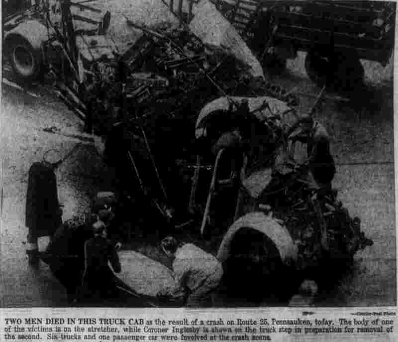 Two men died in this truck cab — crash scene photograph, Pennsauken, September 16, 1949
