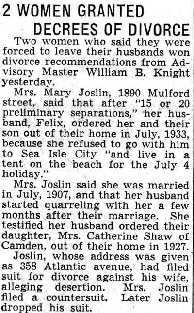 Camden Courier-Post, February 19, 1938 — 2 Women Granted Decrees of Divorce — 1890 Mulford Street