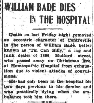 Camden Post-Telegram, December 27, 1909 — William Bade Dies in the Hospital — 1896 Mulford Street