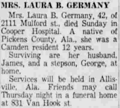 Camden Courier-Post, January 8, 1958 — Mrs. Laura B. Germany — 2111 Mulford Street