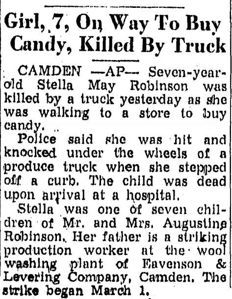 Girl, 7, On Way to Buy Candy, Killed by Truck — Trenton Evening Times, March 16, 1947