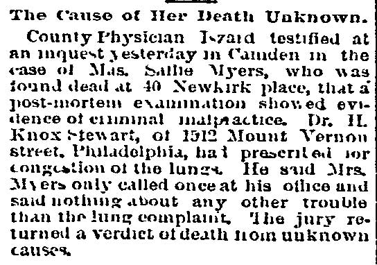 Philadelphia Inquirer, March 26, 1893 — The Cause of Her Death Unknown