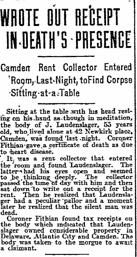 Philadelphia Inquirer, September 19, 1908 — Wrote Out Receipt in Death's Presence