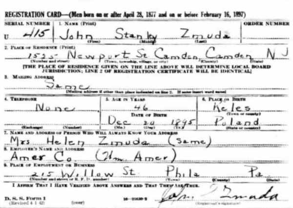John Zmuda, WW2 draft card — 1525 Newport Street