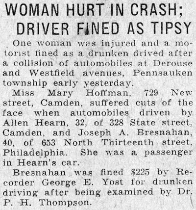 Woman Hurt in Crash; Driver Fined as Tipsy, Camden Courier-Post, March 21, 1932