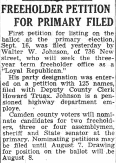 Freeholder Petition for Primary Filed, Camden Courier-Post, July 22, 1941