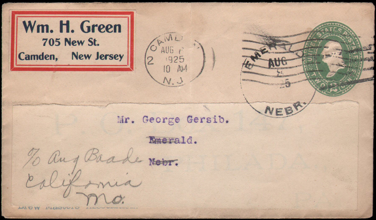 Envelope from Wm. H. Green, 705 New St., Camden, New Jersey, August 1925