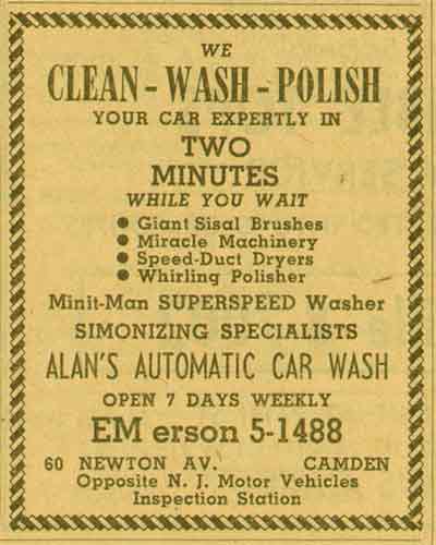60 Newton Avenue — 1955 New Jersey Bell Yellow Pages Ad for Alan's Automatic Car Wash