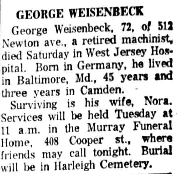 George Weisenbeck - Camden Courier-Post, March 5, 1962
