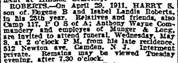 512 Newton Avenue — Philadelphia Inquirer, May 2, 1911 — Eugene B. Roberts & Family; Munger & Long