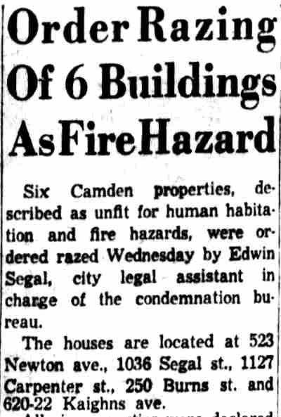 523 Newton Avenue — 1956, vacant and razed. Camden Courier-Post, April 26, 1956