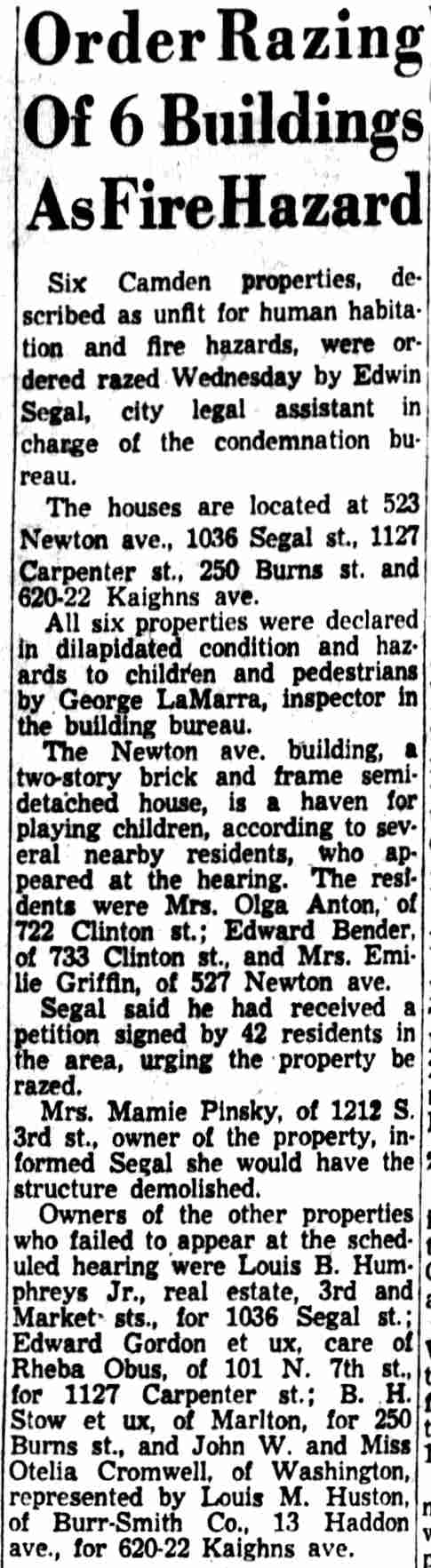 Camden Courier-Post, April 26, 1956 — 1127 Carpenter Street, vacant/razed
