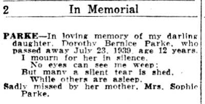 In Memoriam: Dorothy Bernice Parke - Camden Courier-Post, July 23, 1941