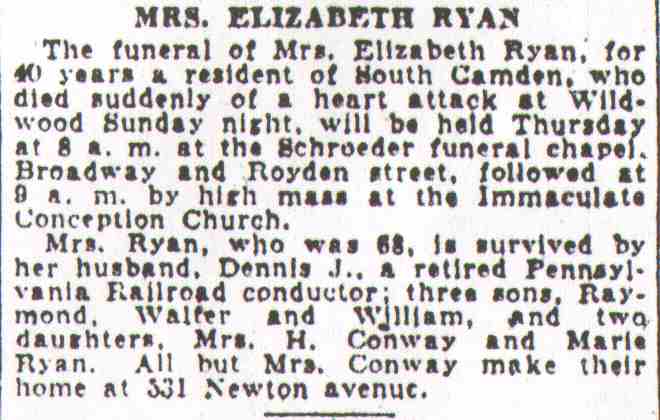 Mrs. Elizabeth Ryan - Camden Courier-Post, August 25, 1931