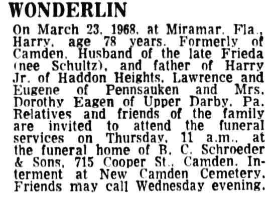 533 Newton Avenue — 1941–1947, Harry F. Wonderlin & Family. Camden Courier-Post, March 26, 1968