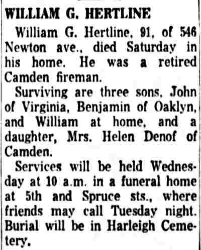 546 Newton Avenue — 1943–1961, William G. Hertline & Family. Camden Courier-Post, July 17, 1961