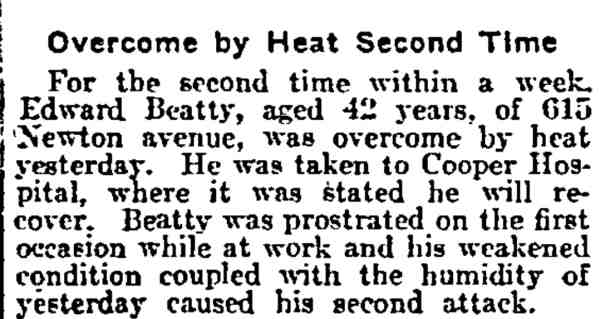 Overcome by Heat Second Time - Philadelphia Inquirer, July 29, 1914