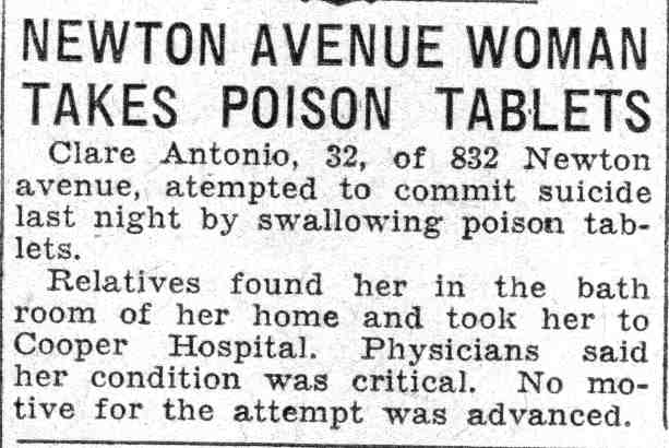 Newton Avenue Woman Takes Poison Tablets - Camden Courier-Post, June 8, 1932