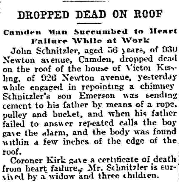 Philadelphia Inquirer, December 2, 1906 — John Schnitzler dropped dead on roof; Coroner Kirk certified death
