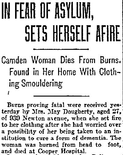 In Fear of Asylum, Sets Herself Afire - Philadelphia Inquirer, October 12, 1915