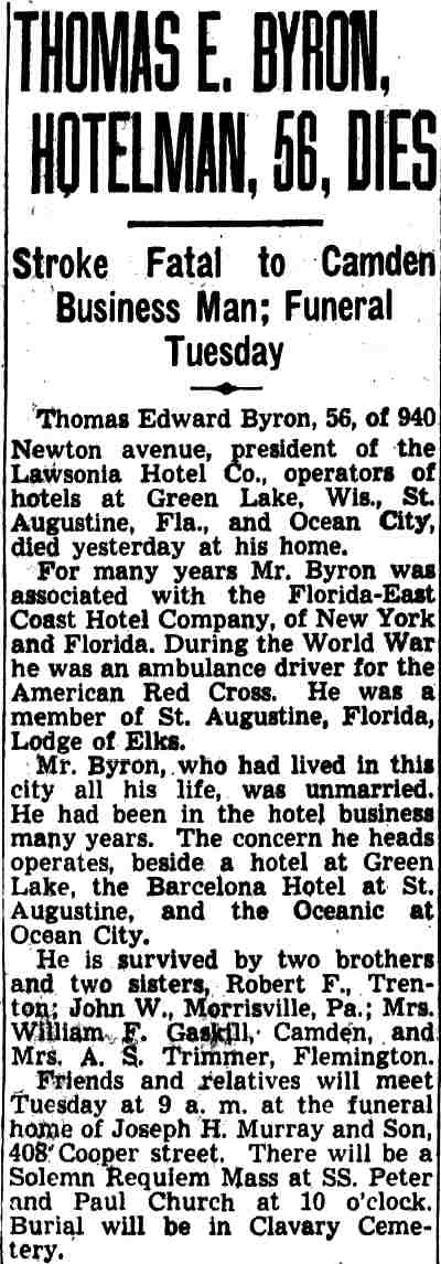 Thomas E. Byron, Hotelman, 56, Dies - Camden Courier-Post, May 4, 1940