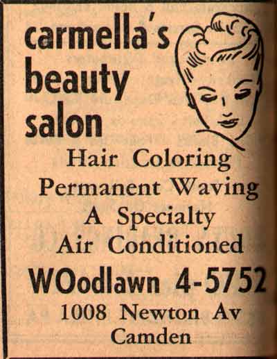 1008 Newton Avenue — 1947–1955, Carmella's Beauty Salon. 1955 New Jersey Bell Telephone Yellow Pages Ad