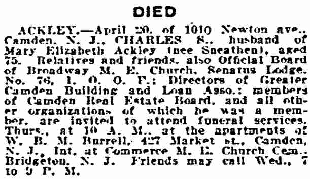 Charles S. Ackley - Philadelphia Inquirer, April 23, 1919