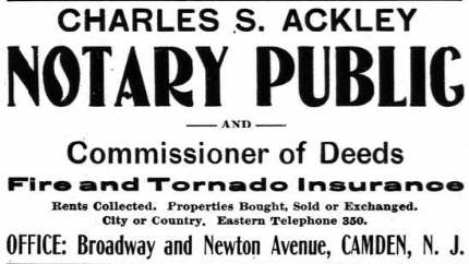 1010 Newton Avenue — 1903–1919, Charles S. Ackley & Family, real estate. 1907 City Directory Ad
