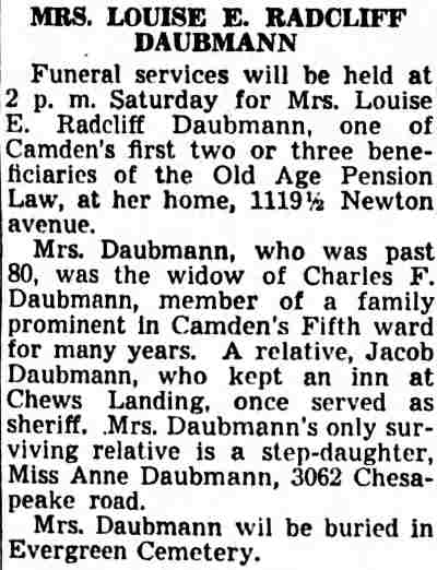 Mrs. Louise E. Radcliff Daubmann obituary — step-daughter Anne Daubmann at 3062 Chesapeake Road