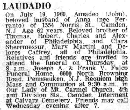 Laudadio obituary, Camden Courier-Post, July 21, 1969