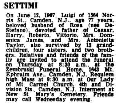Settimi obituary, Camden Courier-Post, June 13, 1967