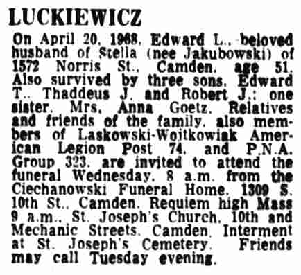 Luckiewicz death notice, Camden Courier-Post, April 23, 1968