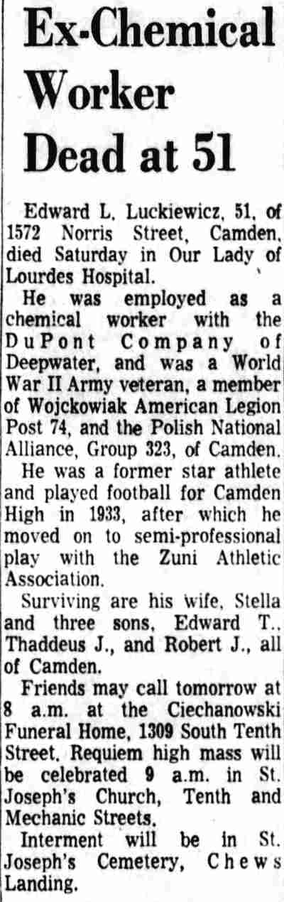Ex-Chemical Worker Dead at 51: Edward L. Luckiewicz, 1572 Norris Street, April 28, 1968