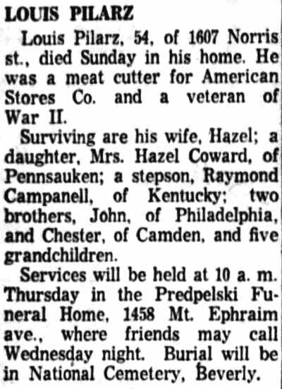 Louis Pilarz obituary, Camden Courier-Post, July 25, 1960