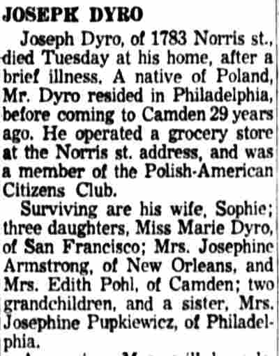 Joseph Dyro obituary, Camden Courier-Post, January 8, 1958