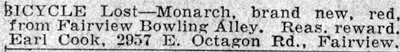 Classified ad: Bicycle Lost, Earl Cook, 2957 East Octagon Road, 1930