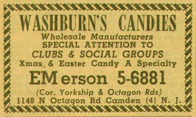 Washburn's Candies Yellow Pages ad, 1148 North Octagon Road, 1955