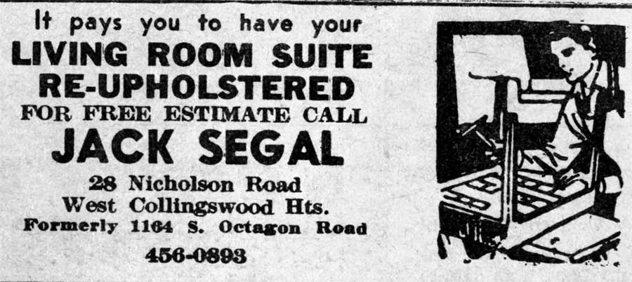 Jack Segal Upholstery ad, formerly 1164 South Octagon Road, Camden County Record, 1970-1971