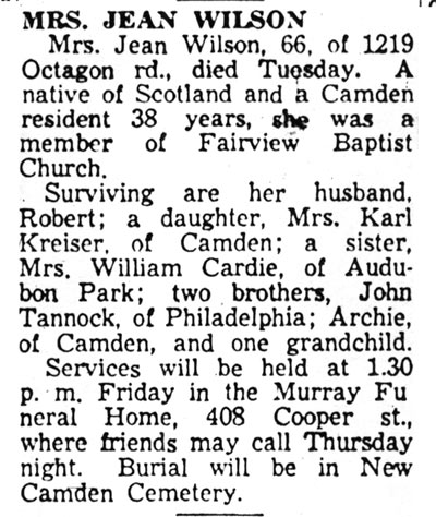 Obituary for Mrs. Jean Wilson, 1219 Octagon Road, 1958