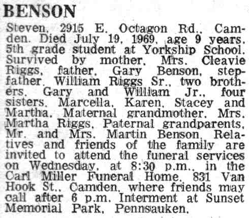 Obituary for Steven Benson, 2915 East Octagon Road, 1969