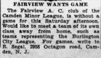Fairview A.C. club seeking a game, R. Segal 2958 Octagon Road, 1931