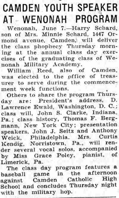 Camden Youth Speaker at Wenonah Program, June 8, 1932