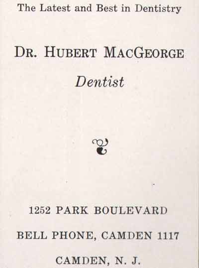 Dr. Hubert MacGeorge Dentist advertisement, Camden High School January 1930 Purple and Gold Yearbook