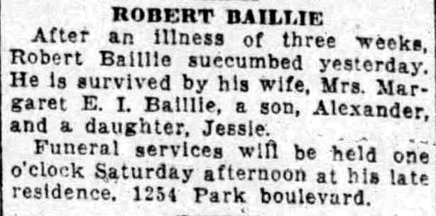Robert Baillie obituary, 1254 Park Boulevard, 1927