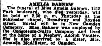 Amelia Babnew obituary, 1315 Park Boulevard, 1933