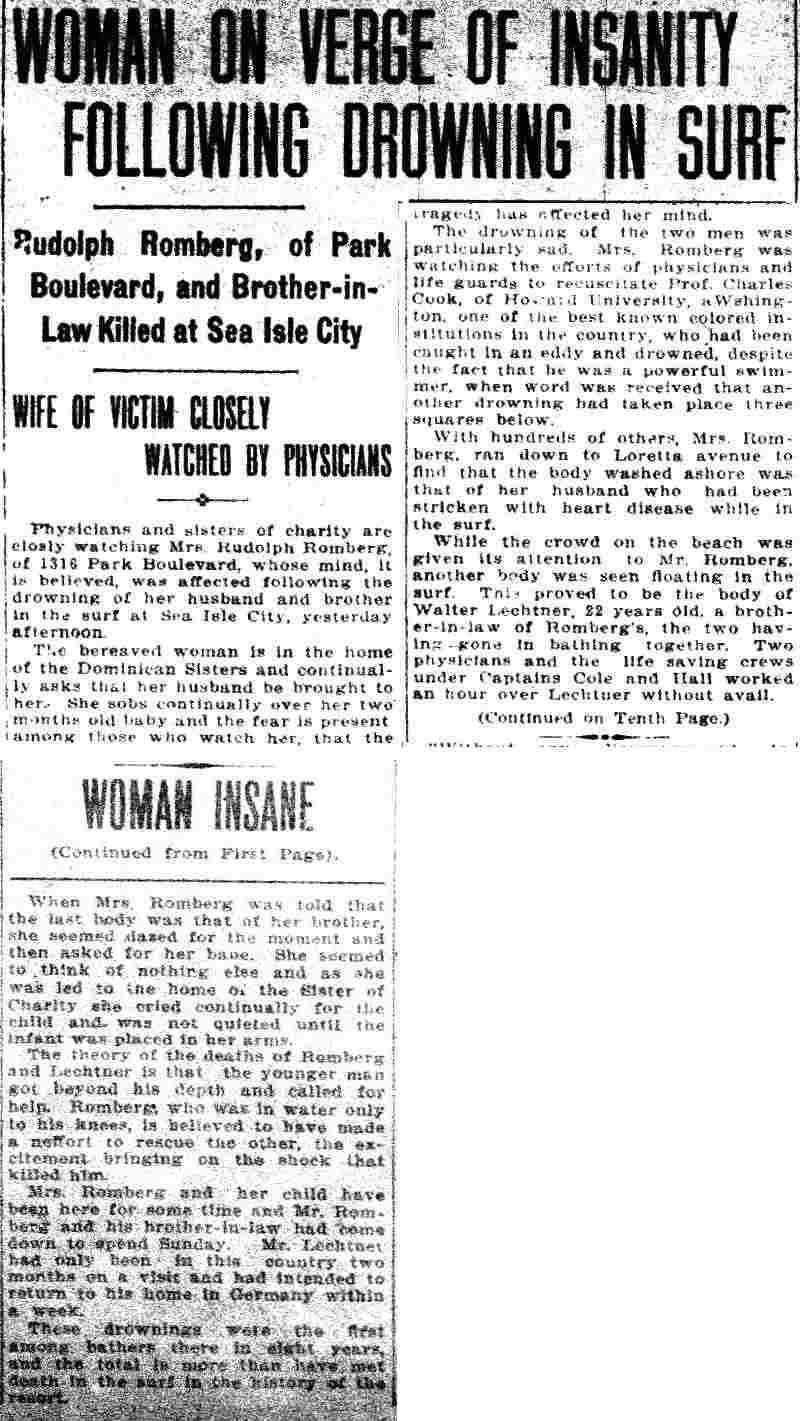 Woman on Verge of Insanity Following Drowning in Surf, 1316 Park Boulevard, 1910