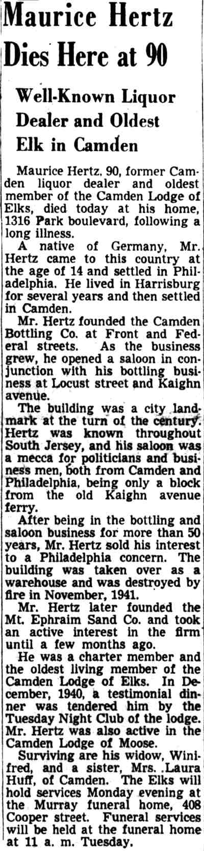 Maurice Hertz obituary, 1316 Park Boulevard, 1947