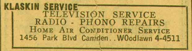 Klaskin Service, 1456 Park Boulevard, 1955 New Jersey Bell Telephone Yellow Pages